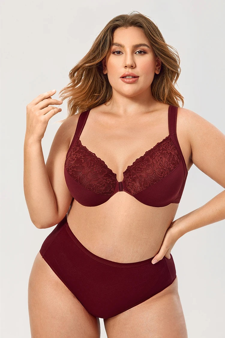 Girl with brown hair wearing a white front closure harper bra