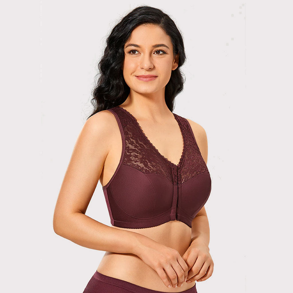 Girl with black hair wearing a brown bra