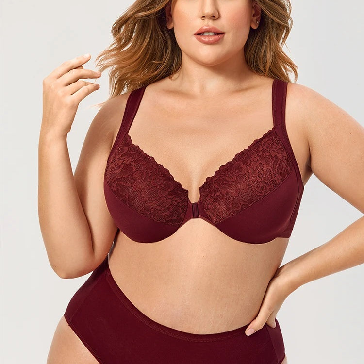 Girl with brown hair wearing a white front closure harper bra