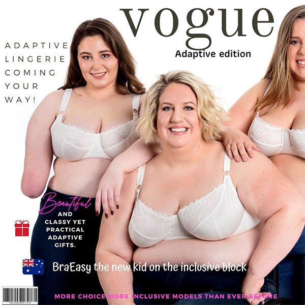 Three girls in bras. One in a wheel chair, one with a limb difference. Vogue in title to look like a magazine